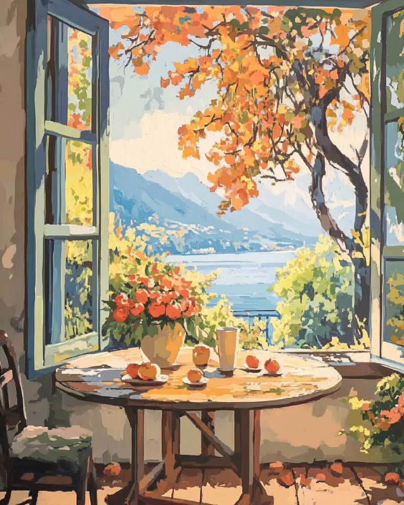 Maikoo Art Autumn Scenery Outside the Window paint by numbers kit showing autumn landscape through window frame
