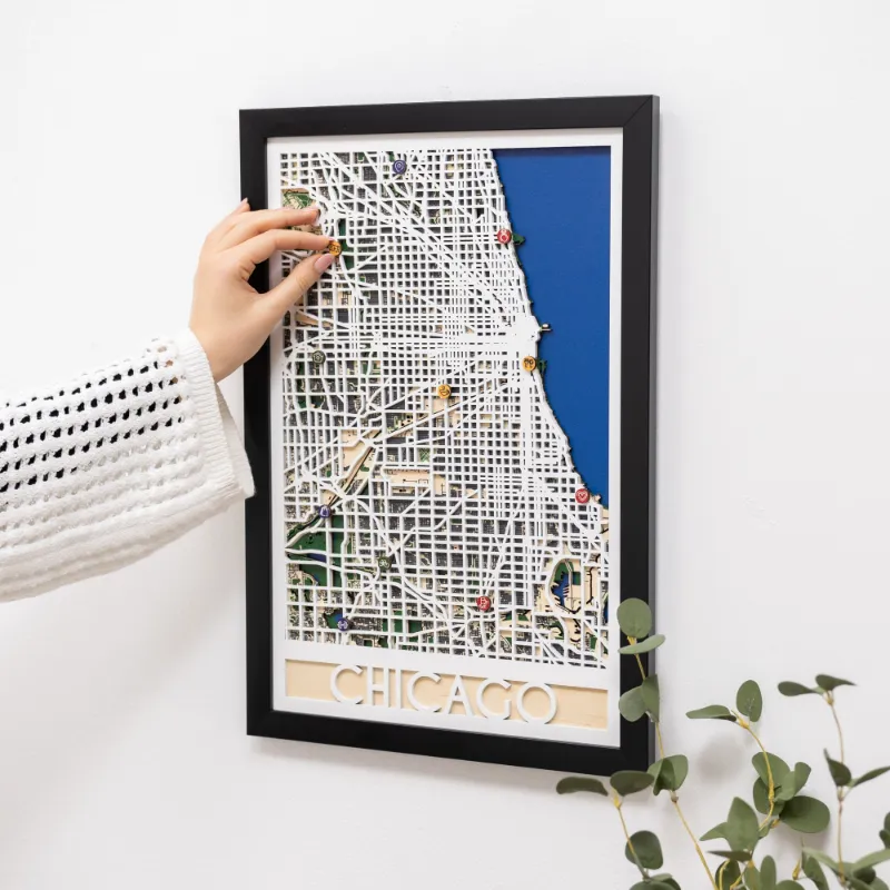 Enjoy The Wood 3D City Map Chicago showing layered wooden street grid and river