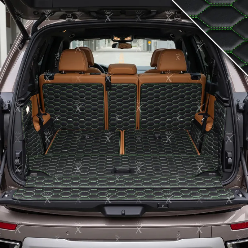 Luxus Car Mats Honeycomb 360Fit trunk mat in black with green stitching and raised walls