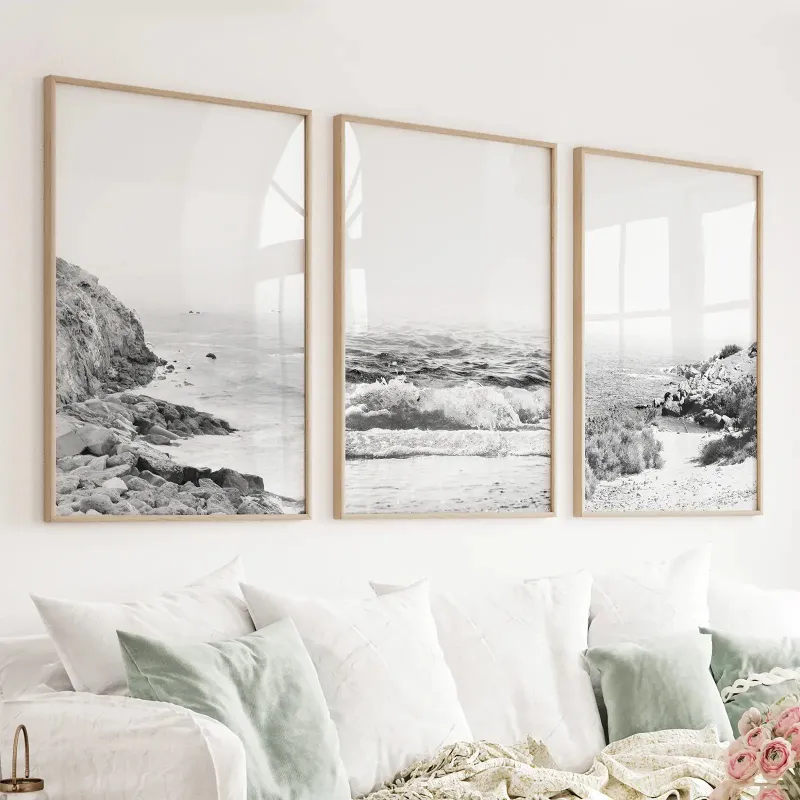 Wall Art Set Coastal Black White Photography Set showing waves and rocky Mediterranean beach