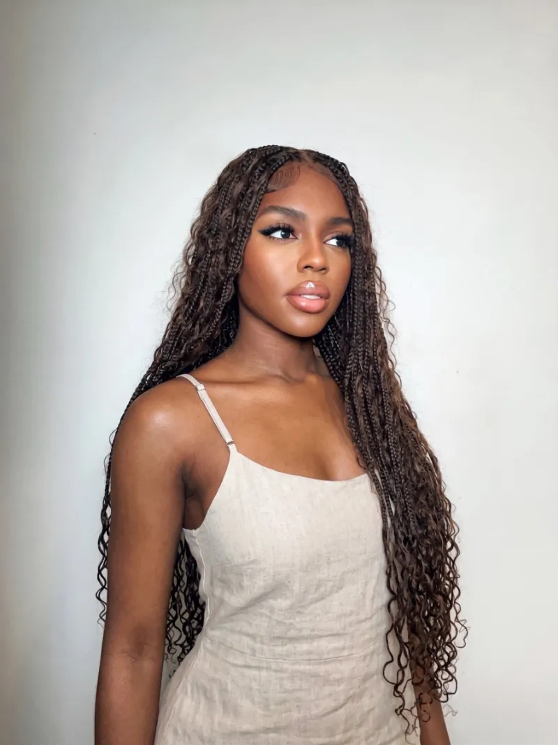 Jaliza Kiki 36 inch Pre Bleached Swiss HD Lace Boho Box Braided Wig displayed on model