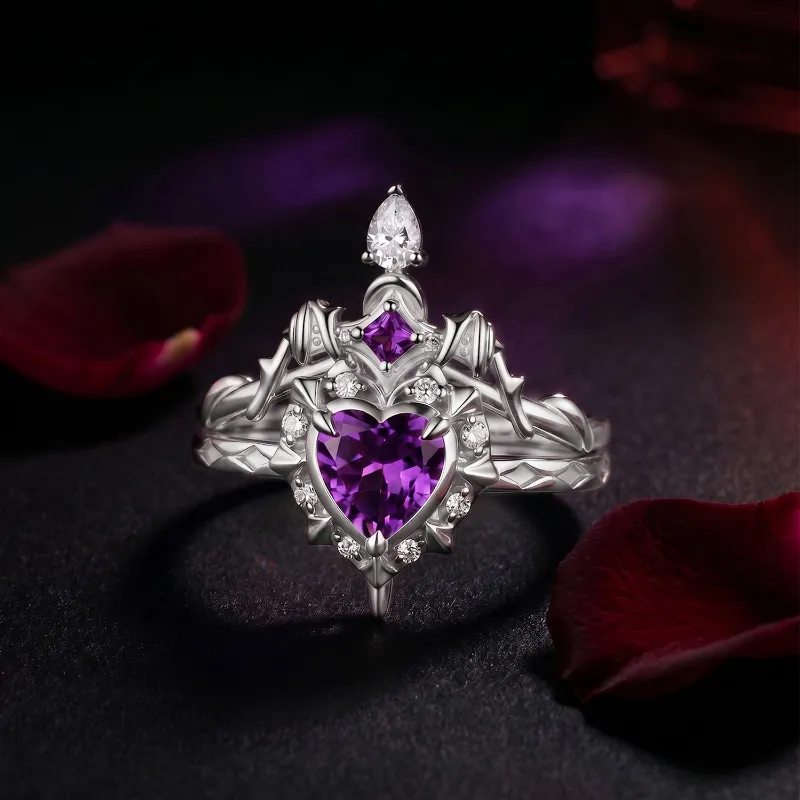 Starlandus 'Cupid's Arrow' Gothic Heart Cut Amethyst Heart Sword Ring Alternative Bridal Set with purple center stone and sword band
