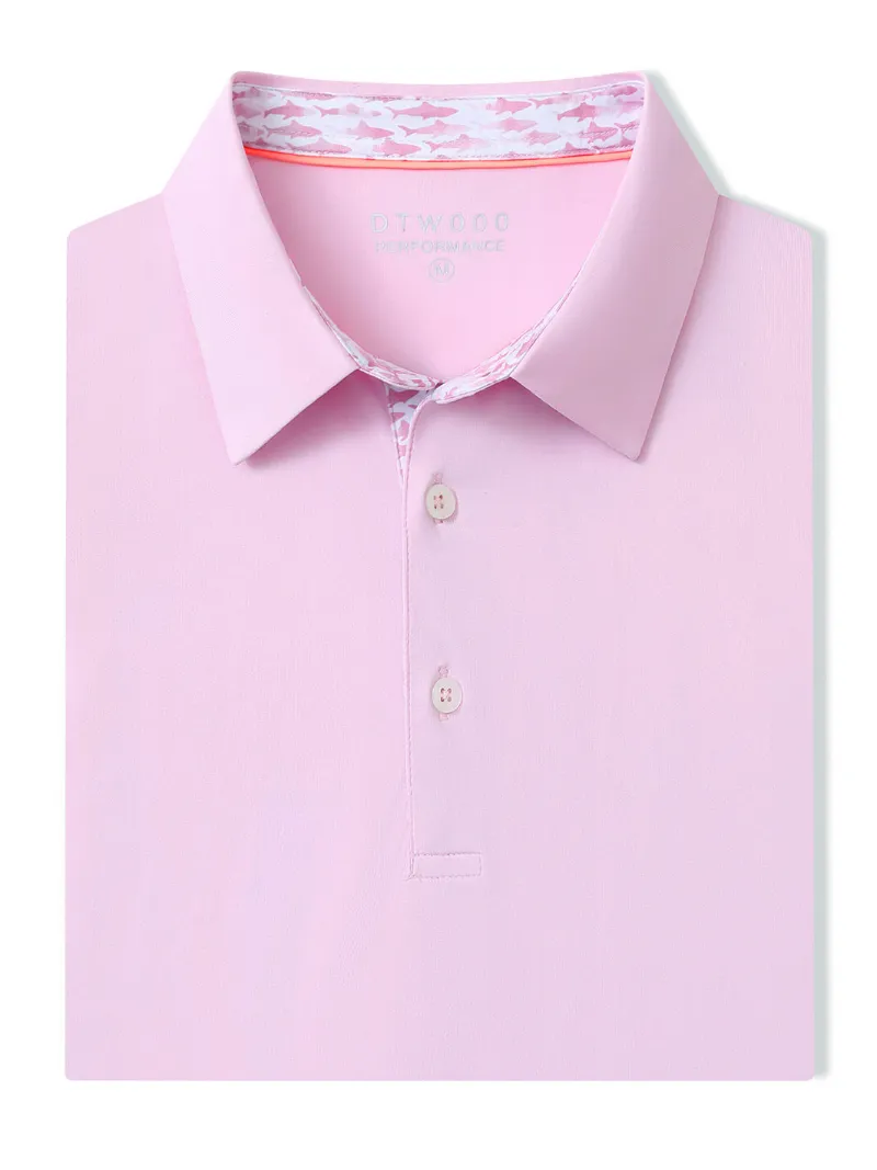 DTWOOO Designed Collared Solid Performance Polo in Pink Diamond, front view of golf polo shirt