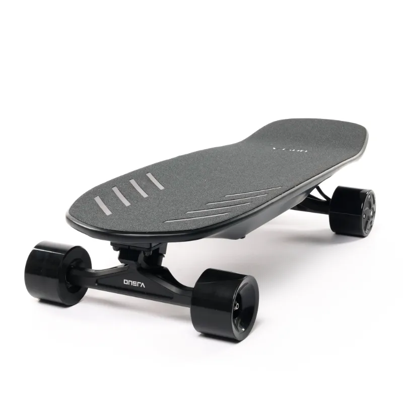 Onsra CH ZENO mini electric skateboard with kicktail deck on a city street