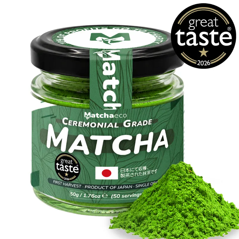Matchaeco Ceremonial Grade Matcha Green Tea Powder 50g Jar, jar of vibrant green matcha powder