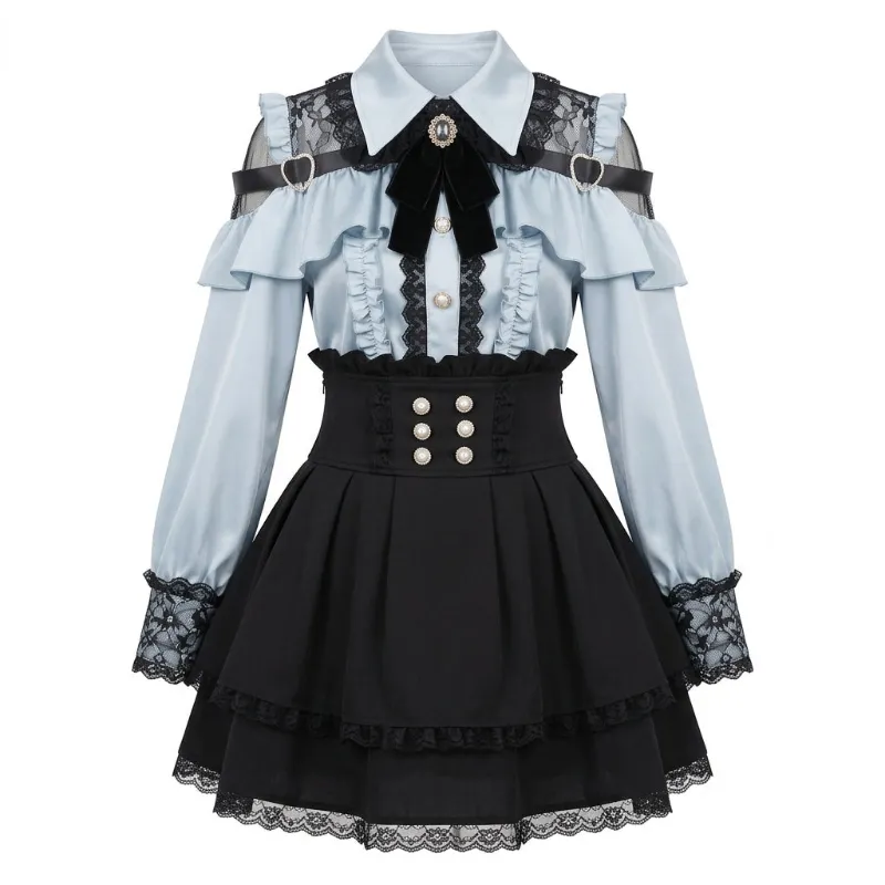 Shoptery Jirai Kei Cold-Shoulder Ruffle Blouse & Lace Tiered Skirt Set with pleated details