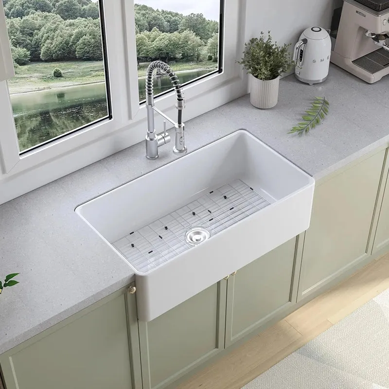 HOROW 36 Farmhouse Apron Sink Undermount Fireclay Kitchen Sink photo showing white farmhouse apron sink in kitchen