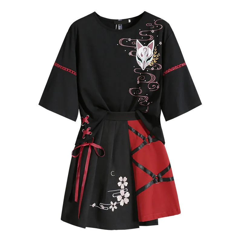 Foxtume Gothic Kitsune Black Skirt Set black cotton top and skirt with fox mask design