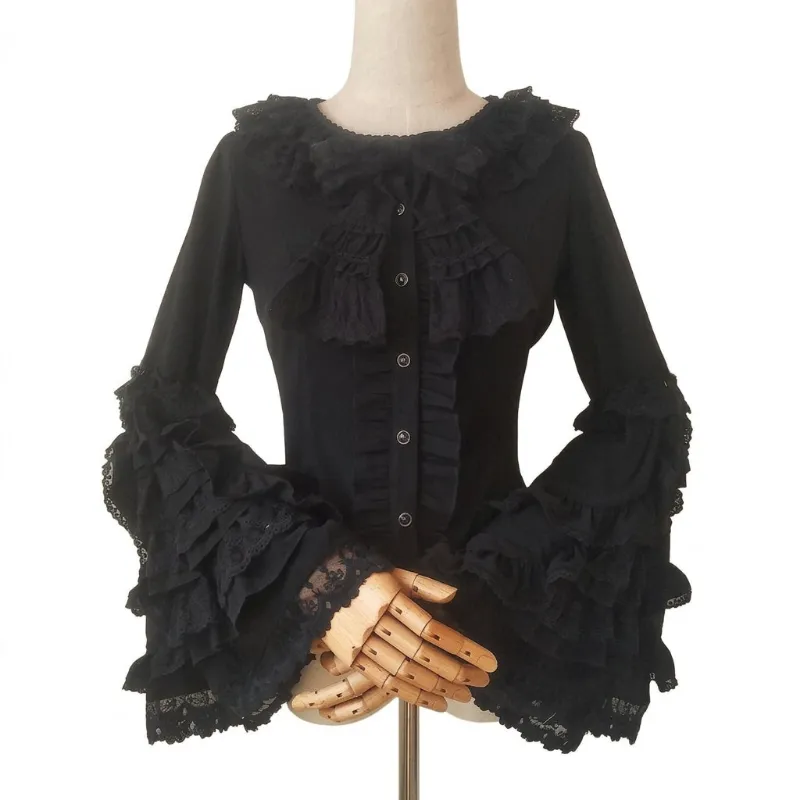 Shoptery Jirai Kei Black Ruffle Lace Flare Sleeve Button Blouse with dramatic collar