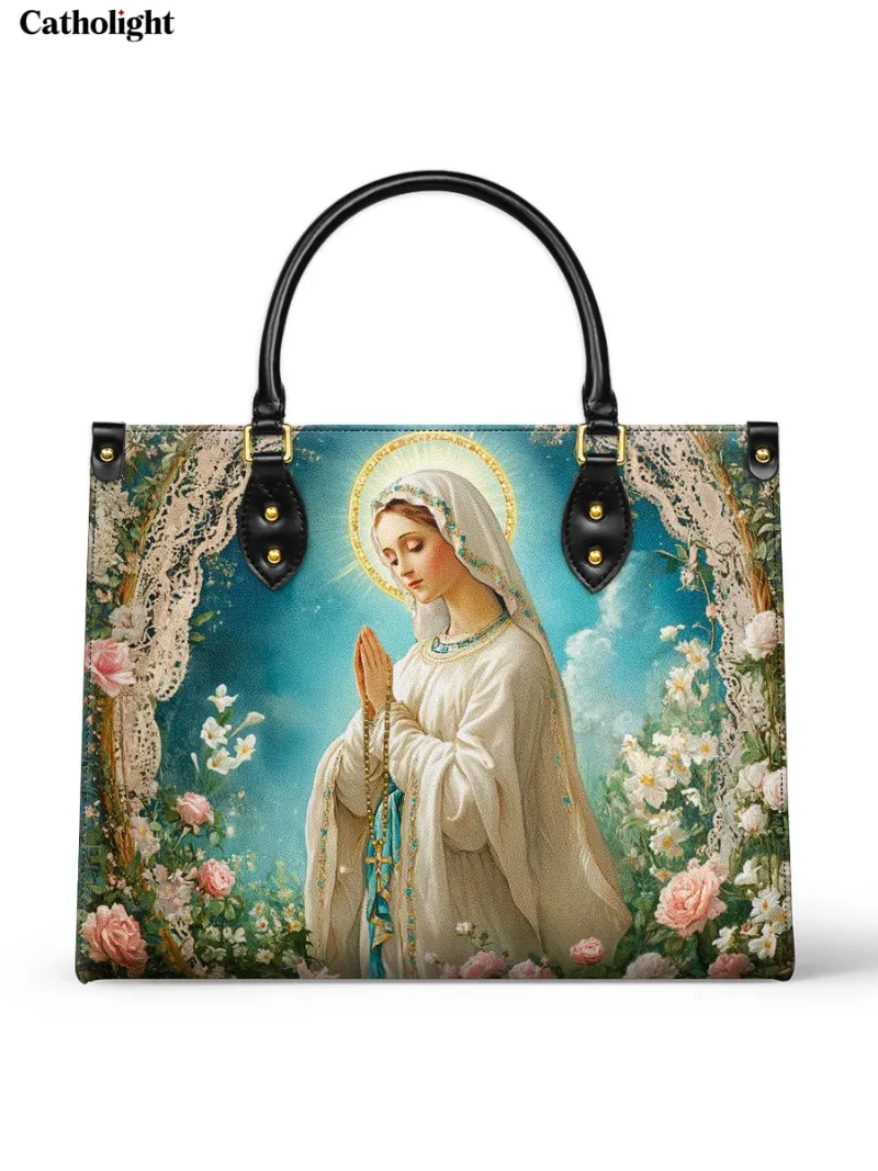 Catholight Lady Of Lourdes Leather Bag with Blessed Virgin Mary in prayer, roses, and lace details