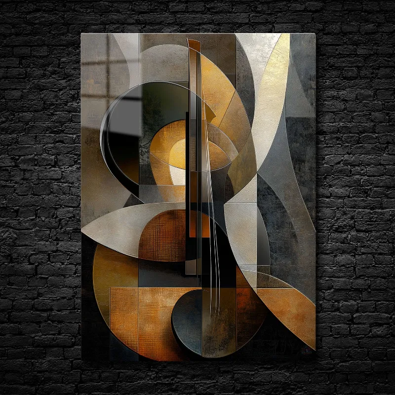 CruArt Echoes of Harmony metal print showing abstract violin with geometric patterns in bronze and gold