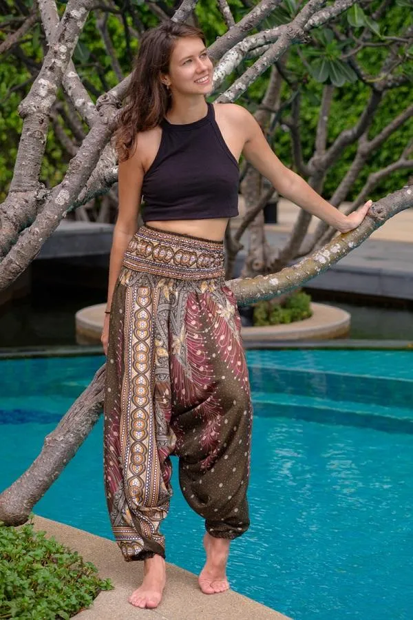 Hippie Pants Olive Green Peacock Pants, bright peacock pattern