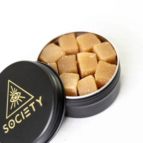 Society's Plant Focused Microdose Gummies jar with label showing cannabinoid blend