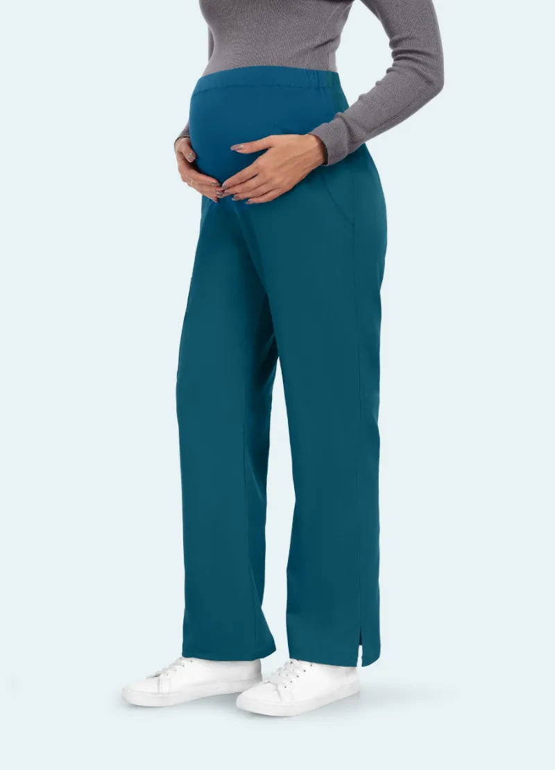 COMENII SoftTouch Maternity Scrub Pants in Caribbean Blue, showing adjustable waistband and straight leg fit