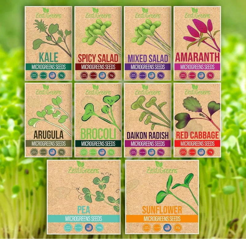 ZestiGreens Organic Variety Pack of 10 microgreens seed packets