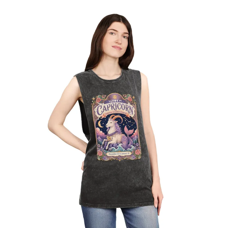 Spirit Nest Capricorn Zodiac Stonewash Tank Top with cosmic sea goat artwork and raw-edge sleeves