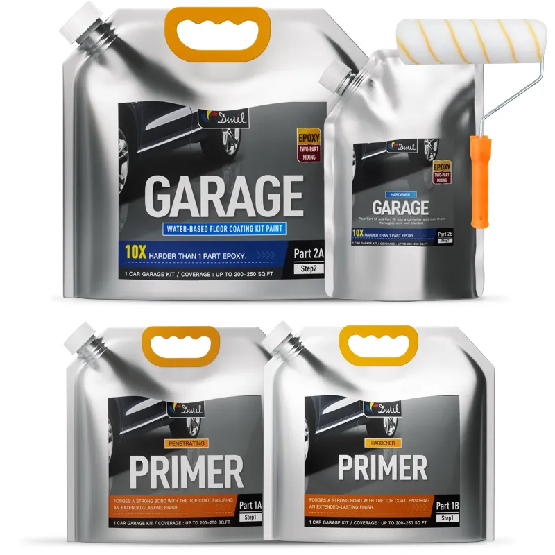DWIL Paint Water-Based Garage Floor Epoxy Kit in light gray with primer, roller, and tray
