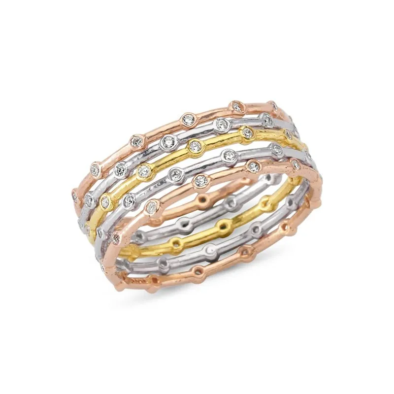 Amorium Jewelry Dainty Silver Band Rings Stack of 5 Set with Crystals displaying five thin bands