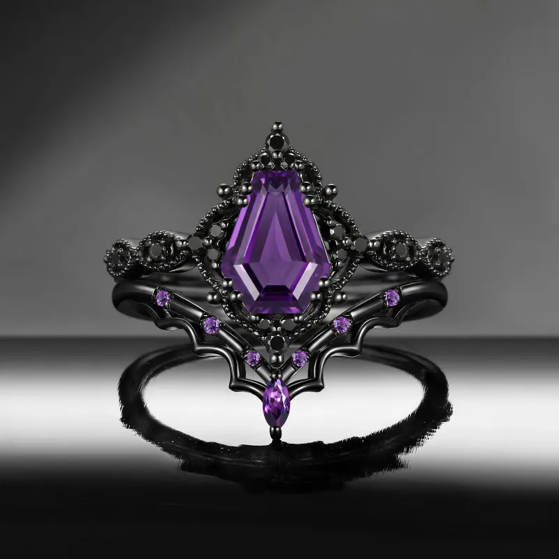 Starlandus Bat's Whisper Gothic Coffin Cut Amethyst Alternative Bridal Engagement Ring Set with Bat Wings in Black Gold