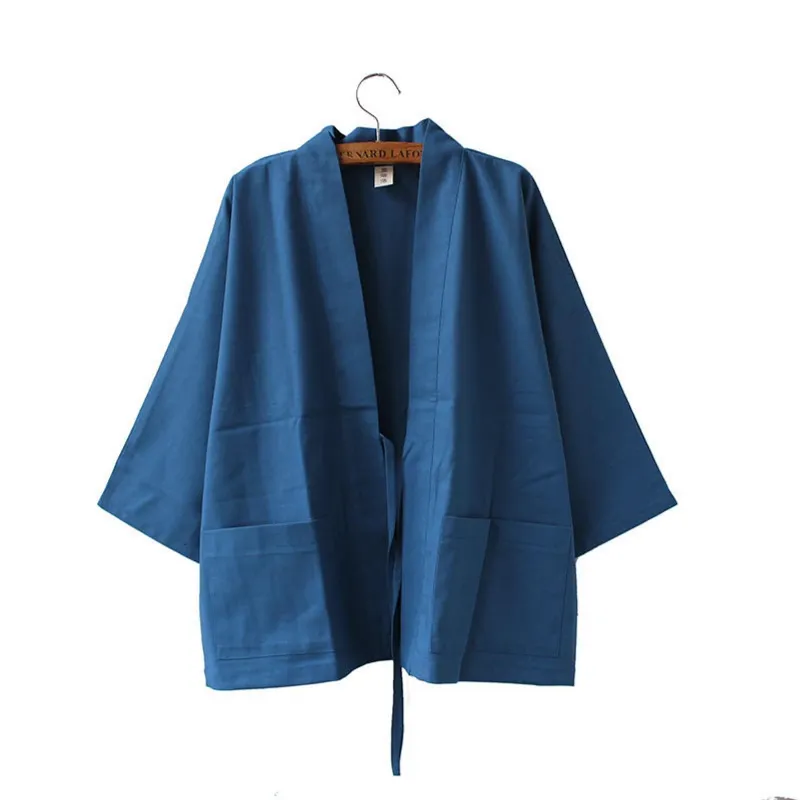 Foxtume Blue Traditional Women Haori navy blue kimono jacket with patch pockets