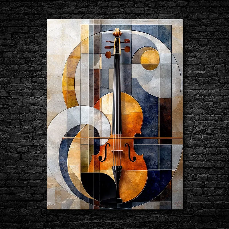 CruArt Melodic Abstraction metal print, golden violin with geometric elements against blue background