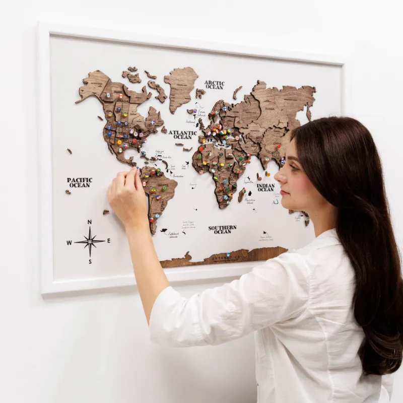 Enjoy The Wood 3D Wooden Panel World Map Dark Walnut showing layered relief continents