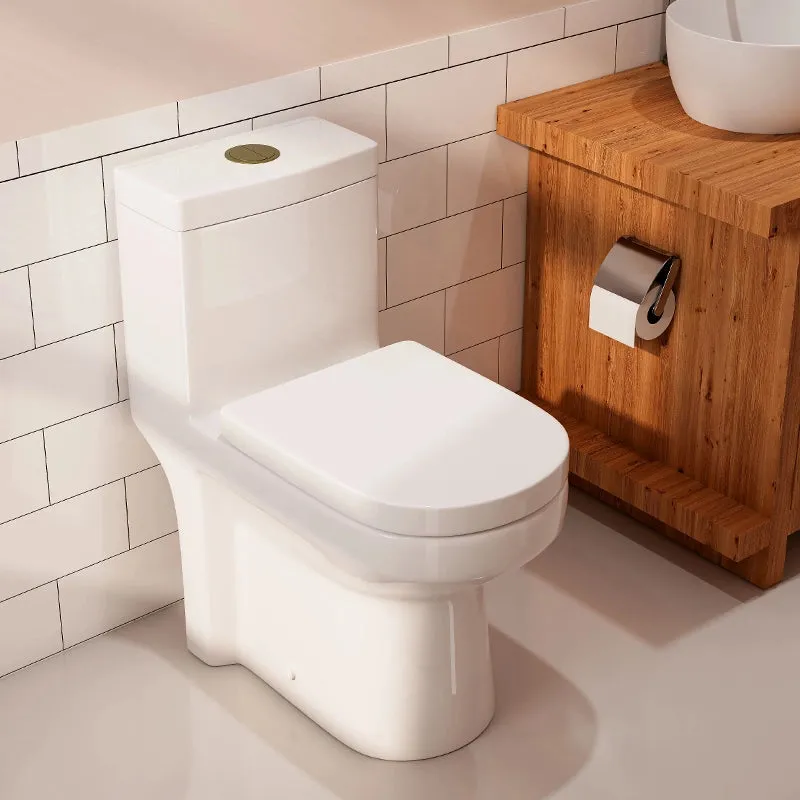 HOROW 8733S-G one-piece toilet showing gold dual-flush button and skirted base