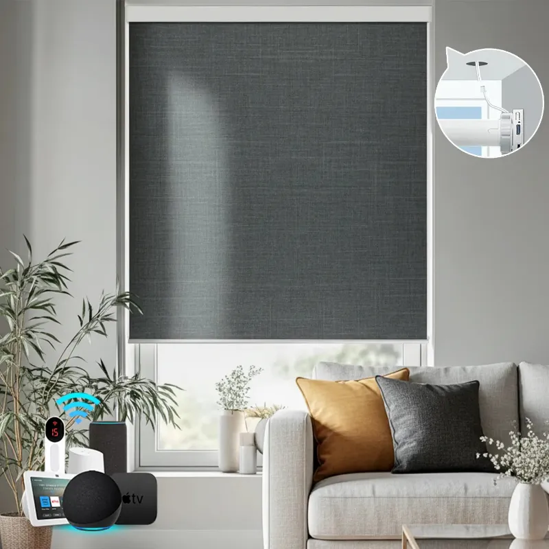 Bringnox Hardwired Motorized Roller Shades 100% Blackout Bouvardia motorized shade on window
