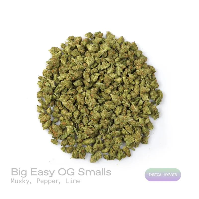Hipuffy Big Easy OG THCa Flower (Indoor) (Indica Hybrid) smalls showing green and purple buds