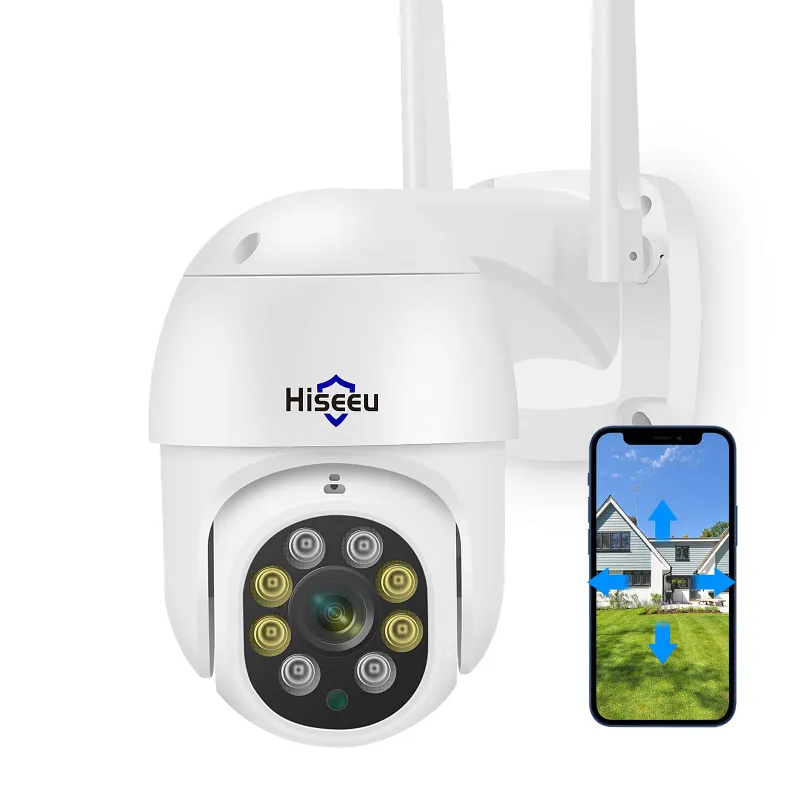 Hiseeu 2K 3MP PTZ outdoor security camera with 360-degree rotation mounted on eave