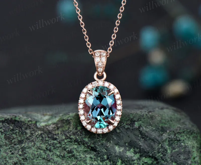 WillWork Jewelry 2ct oval cut Alexandrite necklace, oval amethyst pendant with diamond halo