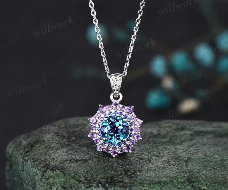 WillWork Jewelry 1ct round cut alexandrite necklace with double halo sapphire pendant