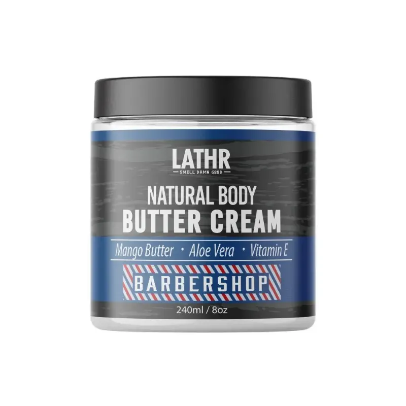 LATHR Body Butter Cream Barbershop jar with classic grooming theme