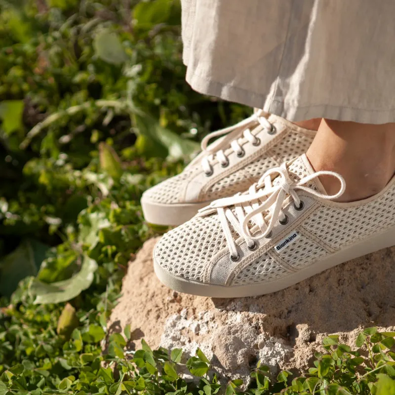 BIANKINA St. Tropez Breathable Cotton Mesh Sneakers in beige tan, showing organic cotton mesh upper and natural rubber sole