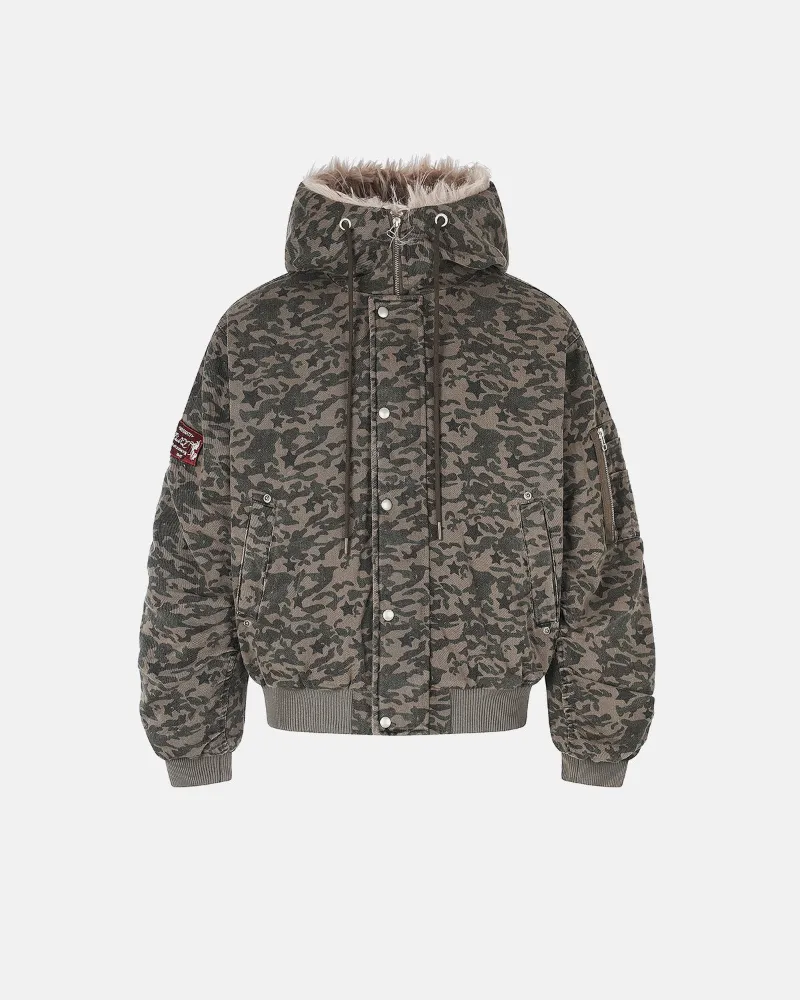 INFLATION Camo Faux Fur Hooded Bomber Jacket in camouflage print with faux fur-lined hood and boxy fit