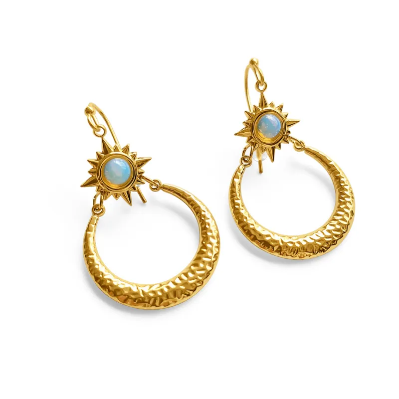 DORSYA Aphrodite Celestial Drop Earrings with opal sun charm and hammered crescent hoops