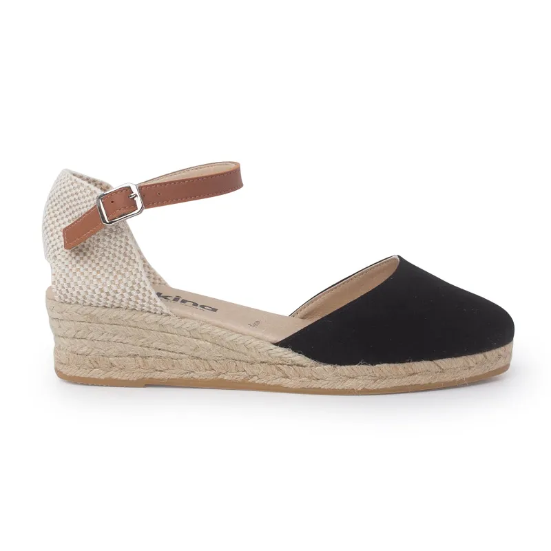 BIANKINA Garda Vegan Suede Espadrille Wedges in Black with ankle strap