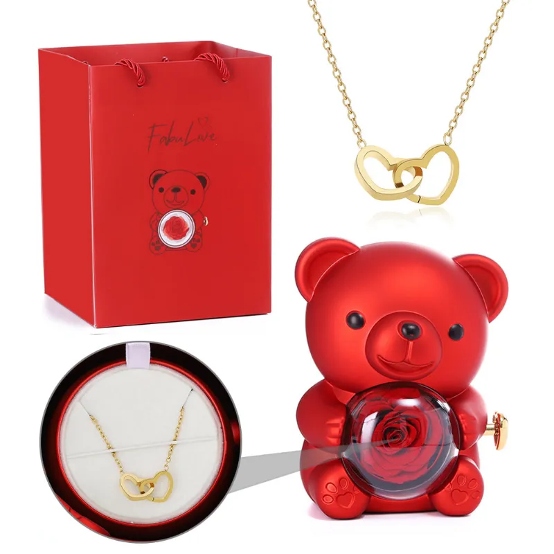 FabuLove Eternal Rose Bear with hidden engraved necklace inside preserved rose
