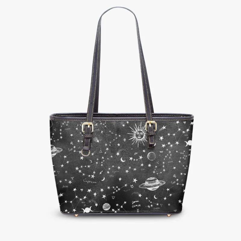 Spirit Nest Astrology Map Black Large Bag with constellation print on faux leather with black handle