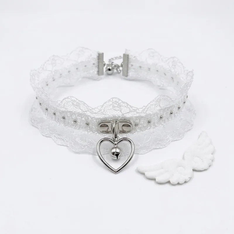 Shoptery Jirai Kei White Lace Choker with Heart Bell Pendant & Angel Wings featuring pearl details