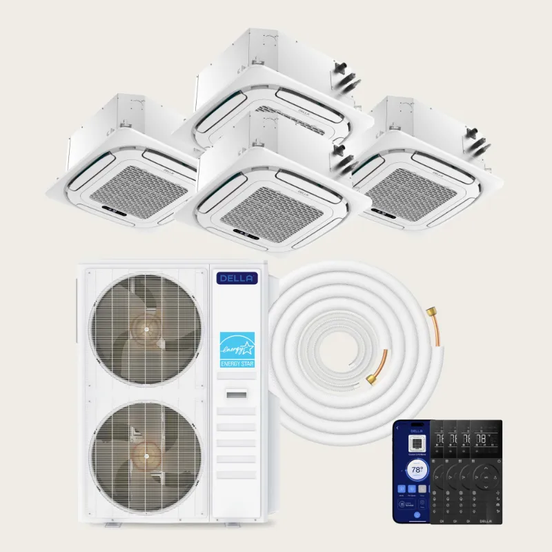Della Home 48000 BTU Quad Zone Ceiling Cassette Mini Split AC showing indoor cassette unit