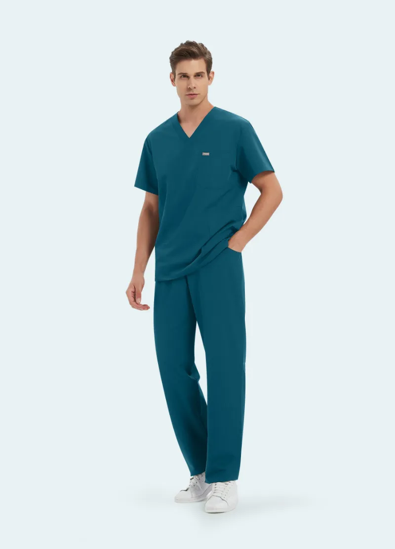 COMENII ProEase Essential Scrub Set in Caribbean blue with V-neck top and straight-leg pants