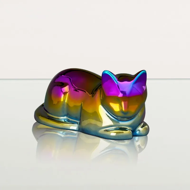 Pulvis Art Urns Cat Cremation Urn for Ashes in Titanized finish with metallic ceramic coating and cat silhouette