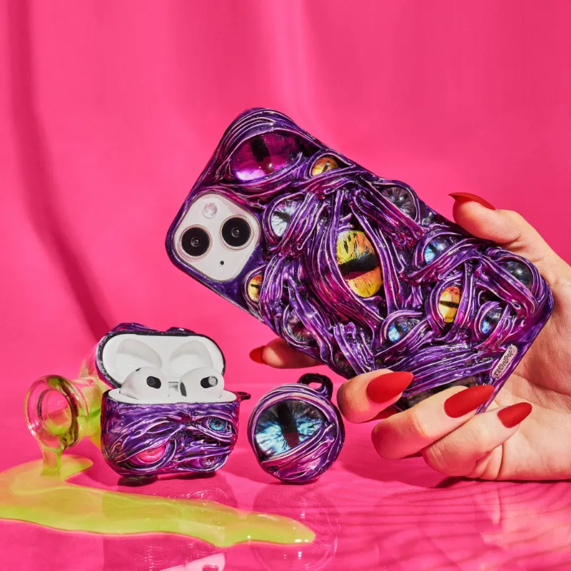 Techypop Purple Venom iPhone Case + AirPods Case + AirTag Case Set, three purple cases displayed together