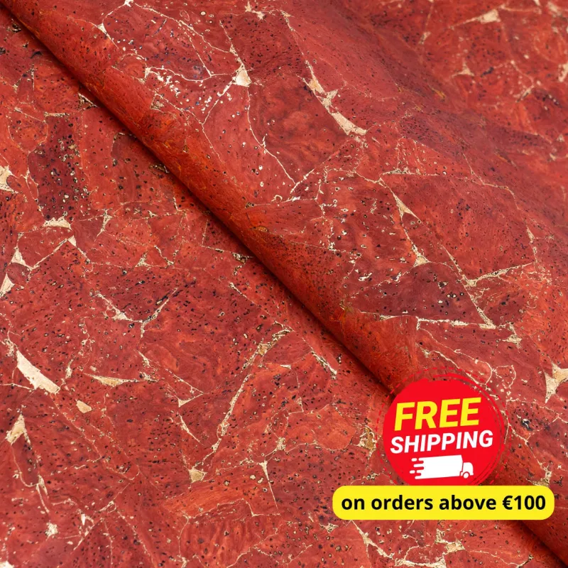 Corkadia Vibrant Vermilion Cork Fabric COF-543 with gold flecks, a sheet of red cork material