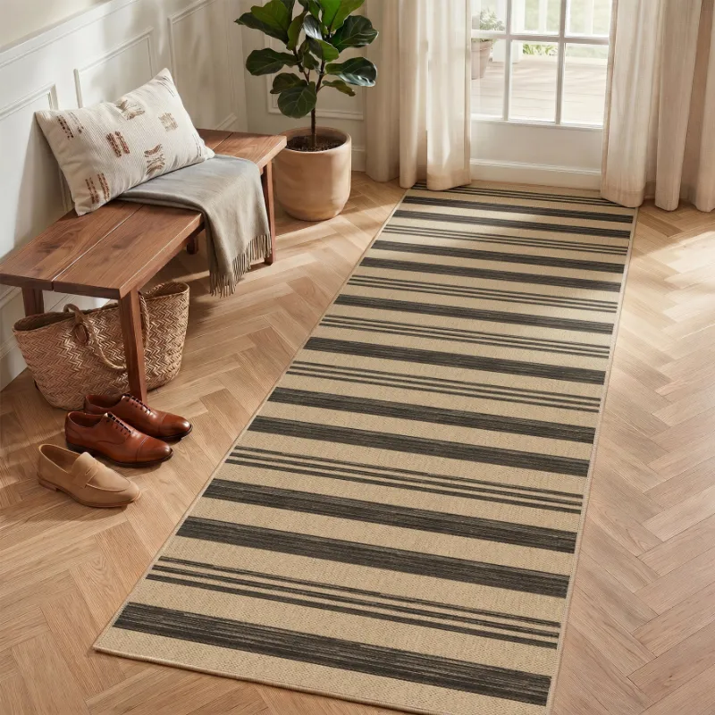 Tribesigns striped easy jute area rug in black and beige with textured surface for hallways