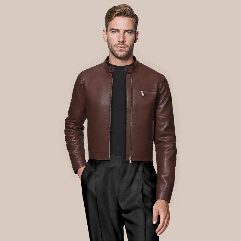 Cloudstyle Leather Jacket Casual Zip Up Motorcycle Outwear in Brown, showing pocket design and zip front