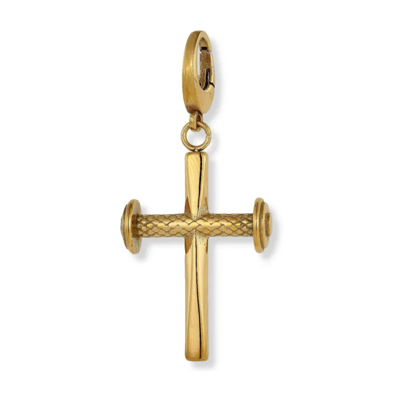 Sleek Fit Jewelry Cross Pendant - Gold (L), a large gold plated weight plate style pendant up close