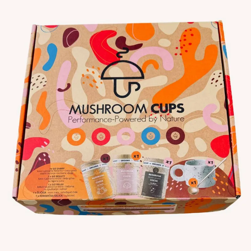 Mushroom Cups Poklon paket Mushroom Cups gift box with coffee tubes, handmade cup and gold spoon