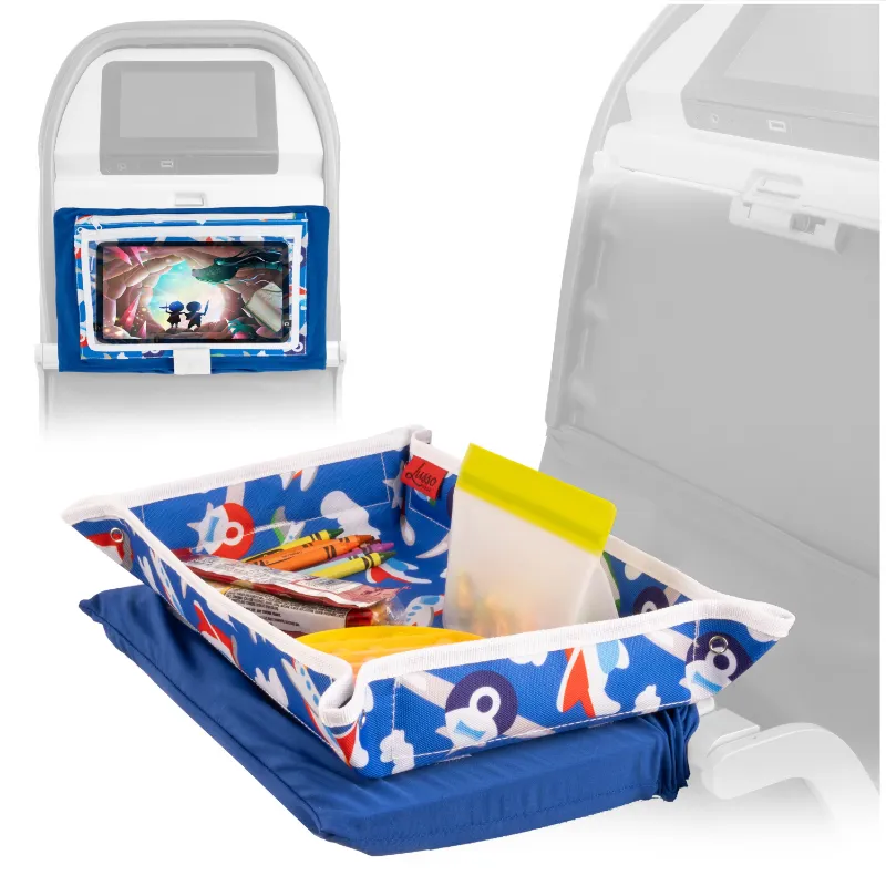 Lusso Gear Airplane Tray Table Cover & Tablet Holder with an iPad mounted at eye level